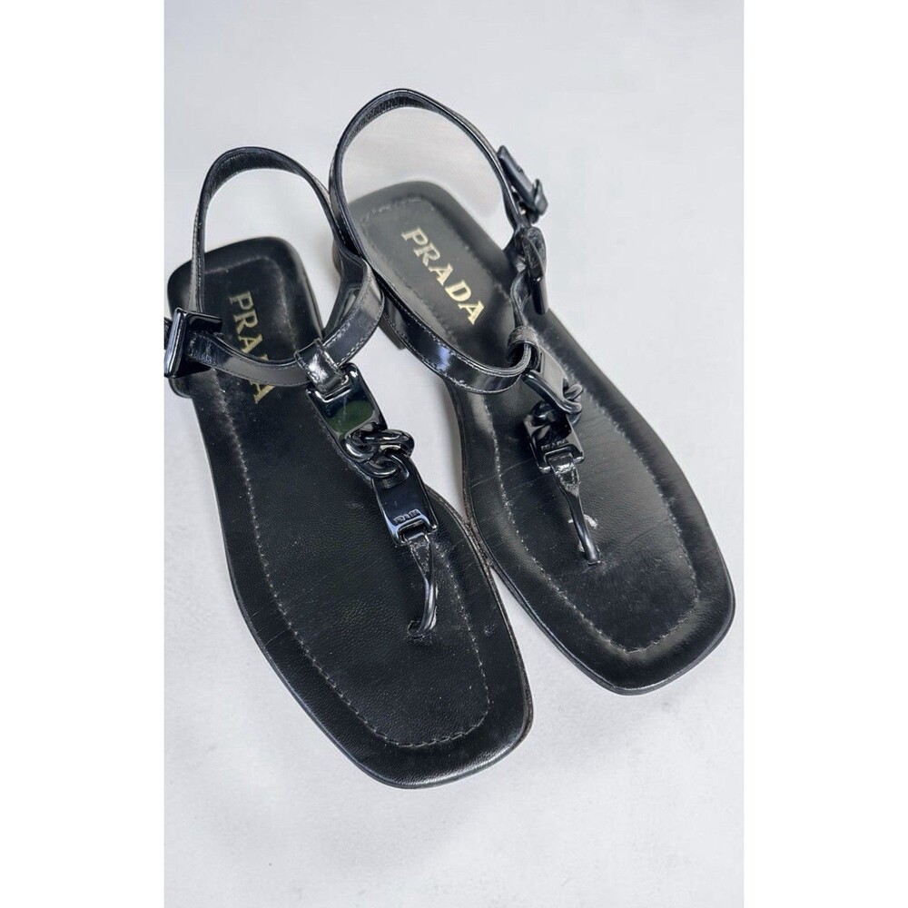 PRADA Black Leather T-Strap Flat Sandals Thong Slingback Size 38 Made In Italy